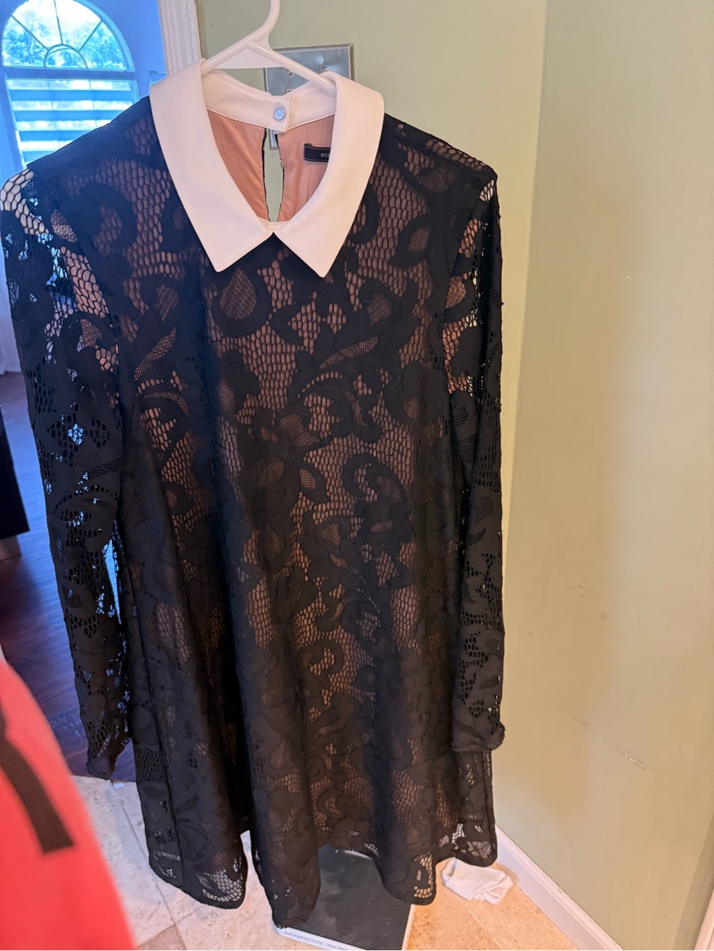 BCBGMaxAzria Black Lace Midi Dress with White Peter Pan Collar
